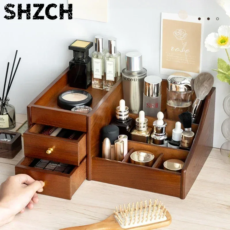 Luxury Skincare Mask - Şeffaf Ahşap Dokulu Makyaj Organizatörü Büyük